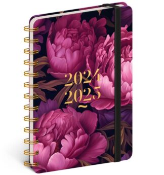 Diář 18měsíční spirálový 2024/2025 Petito - Fialové květy, 13 × 18 cm