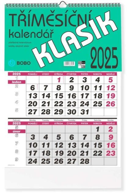 BOBO Nástěnný kalendář tříměsíční KLASIK 2025